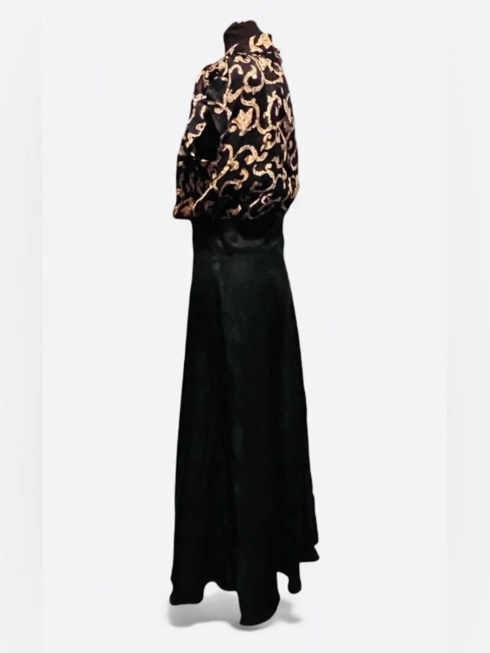 Vintage Maggy London Silk Maxi Dress with Gold Scroll Print Bodice